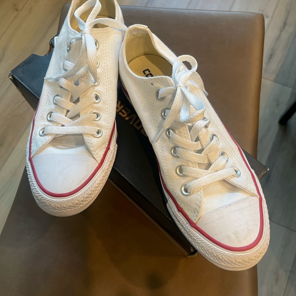 Converse All Star Low Top White Canvas Sneakers with Red Trim